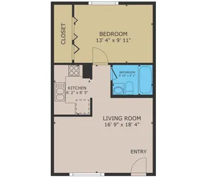 Detailed floor plan showing a 1 bedroom apartment with kitchen and living room.