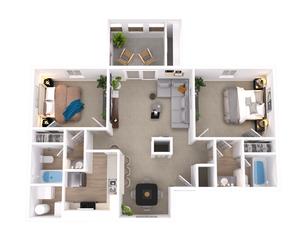 Chic 3D floor plan showcasing 2 bedrooms, a modern open-concept living area, and a cozy kitchen, complete with balcony space.