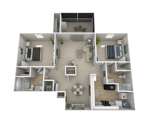 Chic 3D floor plan featuring 2 spacious bedrooms, an inviting living room, modern kitchen, and a cozy dining area opening to a balcony.