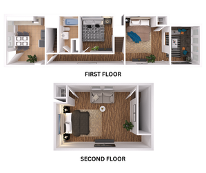 Charming two-level floor plan featuring a cozy living room, modern kitchen, bathroom, and two bedrooms on the first floor with a spacious master suite and lounge area on the second floor.