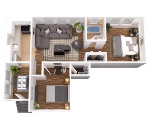 Modern 3D floor plan showcasing 2 bedrooms, cozy living area, elegant kitchen, and stylish bathroom.