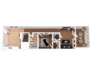 Contemporary floor plan showcasing a cozy one-bedroom layout with a stylish open-concept living area, elegant kitchen, and inviting seating space.