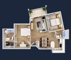 Chic 3D floor plan showcasing 2 bedrooms, cozy living room, stylish kitchen, and inviting balcony, ideal for modern living.
