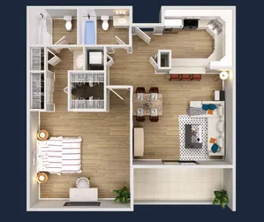 Inviting floor plan showcasing a one-bedroom apartment with modern kitchen, spacious living-dining area, and stylish bathroom, ideal for contemporary living.