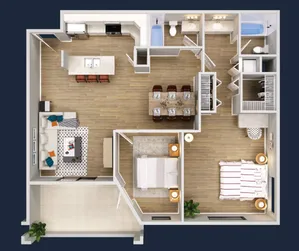 Modern 2D floor plan featuring an open-concept kitchen and living area, two spacious bedrooms, a stylish dining room, and two elegant bathrooms.