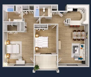 Elegant floor plan with two spacious bedrooms, modern kitchen, stylish dining area, and cozy living room.