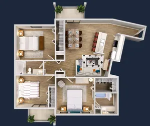 Elegant apartment floor plan with two bedrooms, spacious open kitchen, dining area, and cozy living room, featuring modern fixtures on a deep blue background.