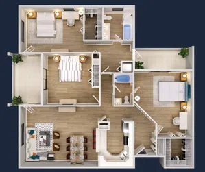 Modern 3-bedroom apartment floor plan with spacious living room, stylish kitchen, and two elegant bathrooms.