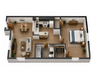 Sleek 3D floor plan showcasing a spacious 1-bedroom apartment with a modern kitchen, cozy living room, and elegant dining area.