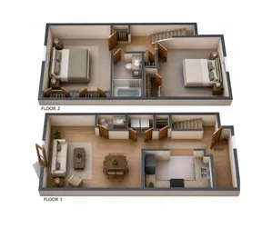 Inviting 3D floor plan showcasing two levels with spacious living areas, 2 bedrooms, cozy living room, and modern kitchen.