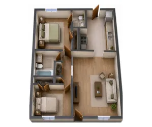 Chic apartment floor plan featuring 2 bedrooms, spacious living room, modern kitchen, and 2 bathrooms with elegant wood flooring.