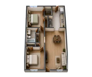 Modern 3D floor plan showcasing 2 spacious bedrooms, elegant living area, and a stylish kitchen with dining space.