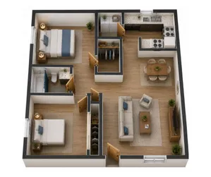 Sleek 3D floor plan showcasing 2 cozy bedrooms, modern kitchen, and inviting open-concept living and dining area.