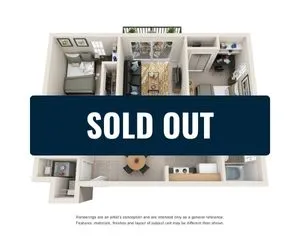 Modern apartment floor plan showcasing a cozy two-bedroom layout with an inviting living area, stylish kitchen, and ample natural light.