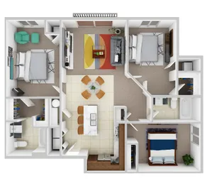 Modern 3-bedroom floor plan featuring an open-concept living area, stylish kitchen with island seating, and two bathrooms.