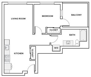 679 square foot one bedroom one bath apartment floor plan image in Redmond, WA