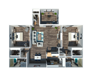 Contemporary 3D floor plan showcasing 3 bedrooms, a stylish living room, and a modern kitchen with hardwood flooring.