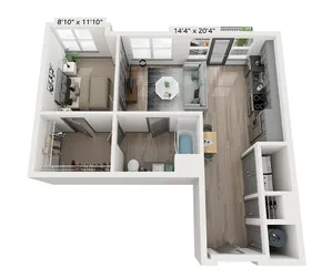 Modern 3D floor plan featuring a cozy bedroom, elegant living room, and a sleek kitchen with ample cabinetry, perfectly designed for functional living.