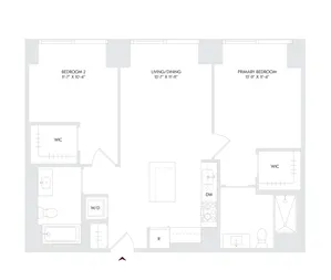 Avira Residence 6 floor plan with 2 bedrooms, 2 bathrooms, open living and dining area, modern kitchen, and walk-in closets, located on floors 24-27.