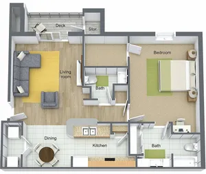 3D floor plan showcasing 1 bedroom, a spacious living room, kitchen, dining area, and two baths with a deck.