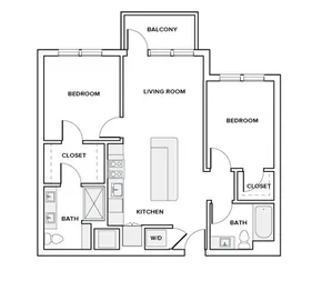 964 square foot two bed two bath apartment floor plan in Houston, TX