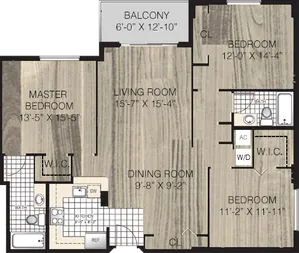 Modern floor plan showcasing a spacious layout with a master bedroom, two additional bedrooms, open living and dining areas, a functional kitchen, two bathrooms, and a welcoming balcony.