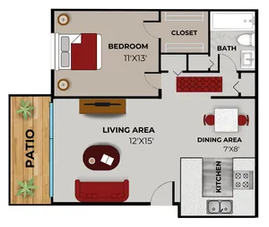 One-bedroom apartment floor plan layout featuring a bedroom (11\'x13\') with a closet, a bathroom, a living area (12\'x15\'), a dining area (7\'x8\'), a kitchen with appliances and a double sink, and an outdoor patio with plants. The layout includes labeled dimensions and furnishings for reference.