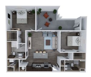 Elegant 3D floor plan of Unit E featuring 2 bedrooms, 2 bathrooms, a modern kitchen with an island, spacious living area, and cozy patio. Total area of 1,175 sq. ft.