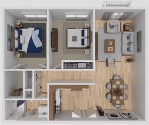 Inviting 3D floor plan highlighting two cozy bedrooms, elegant open-concept living and dining area, plus a stylishly equipped kitchen.