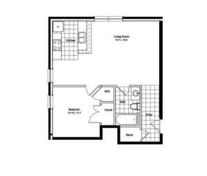 Modern one-bedroom apartment floor plan featuring a spacious living room, kitchen, bathroom, and closet.