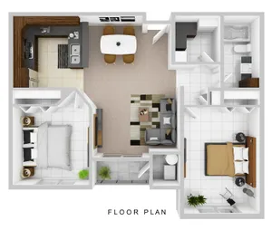 Inviting 3D floor plan featuring two cozy bedrooms, an elegant kitchen, a stylish dining area, and a comfortable living room.