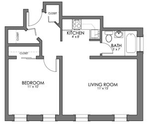 Chic floor plan showcasing a cozy 1-bedroom layout with a spacious living room, compact kitchen, and modern bathroom, perfect for urban living.