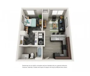Modern apartment floor plan illustrating a cozy single bedroom, stylish bathroom, and an open-concept living area with a sleek kitchen island.