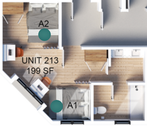 Modern floor plan of Unit 213 showcasing 199 square feet with two cozy bedrooms, elegant wooden flooring, and a compact bathroom.