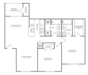 Floor plan map for a two bedroom apartment at Avana Palm Beach Gardens rental community near Juno Beach with labeled rooms.