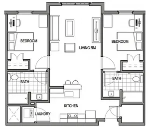 Contemporary 2-bedroom floor plan featuring a spacious living room, modern kitchen, two bathrooms, and convenient laundry area.
