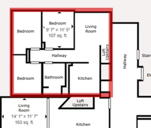 Elegant 3-bedroom, 1-bathroom floor plan featuring an additional loft space. Open living area connected to a modern kitchen, perfect for stylish living.