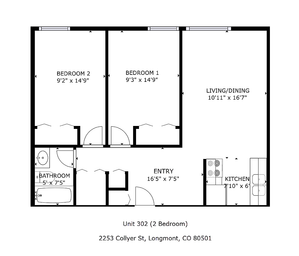 Unit 302 floor plan featuring 2 spacious bedrooms, a generous living/dining area, and a functional kitchen, located at 2253 Collyer St, Longmont, CO 80501.