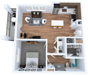 Modern 1-bedroom apartment floor plan featuring an open-concept living space, stylish kitchen, and cozy balcony. Perfect for urban living with efficient space utilization.