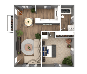 Elegant floor plan showcasing a one-bedroom apartment with an open living area, dining space, and modern kitchen.