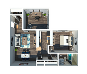 Contemporary 3D floor plan showcasing a stylish one-bedroom layout with an elegant home office, modern living area, dining space, and fully-equipped kitchen.