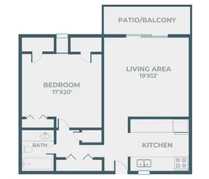 One-bedroom, one-bathroom Hillcrest 90 apartment floor plan with kitchen, large living area (19x12), spacious bedroom (17x20), bathroom, multiple closets, and private patio or balcony.