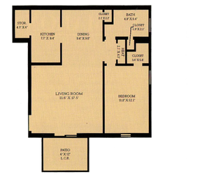 Charming floor plan featuring a spacious living room, cozy bedroom, functional kitchen, and a dining area. Includes a patio and ample closet space.