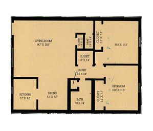 Charming floor plan showcasing a spacious living room, cozy bedroom, well-appointed kitchen, and dining area, complete with multiple closets for ample storage.
