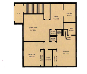 Charming floor plan highlighting 2 bedrooms, expansive living room, and efficient kitchen design.
