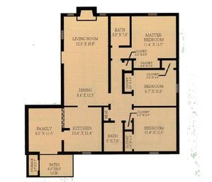 Spacious floor plan showcasing 3 bedrooms, open living and dining area, well-sized kitchen, and a cozy family room with patio access.