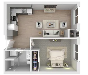 Contemporary 1-bedroom apartment floor plan featuring an open-concept kitchen and living room, with modern amenities and stylish layout.
