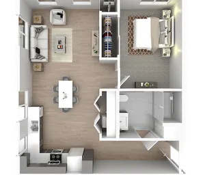 Charming 3D floor plan showcasing a spacious one-bedroom apartment with a modern open-concept living area, stylish kitchen, and sleek bathroom design.
