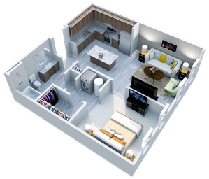 Modern 3D floor plan showcasing a cozy apartment with a stylish kitchen, living area, bedroom, spacious bathroom, and walk-in closet.