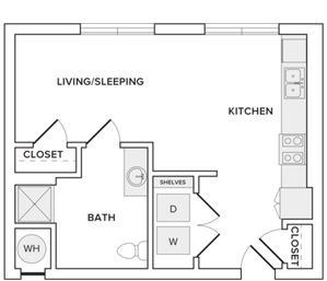 488 square foot studio one bath floorplan image
